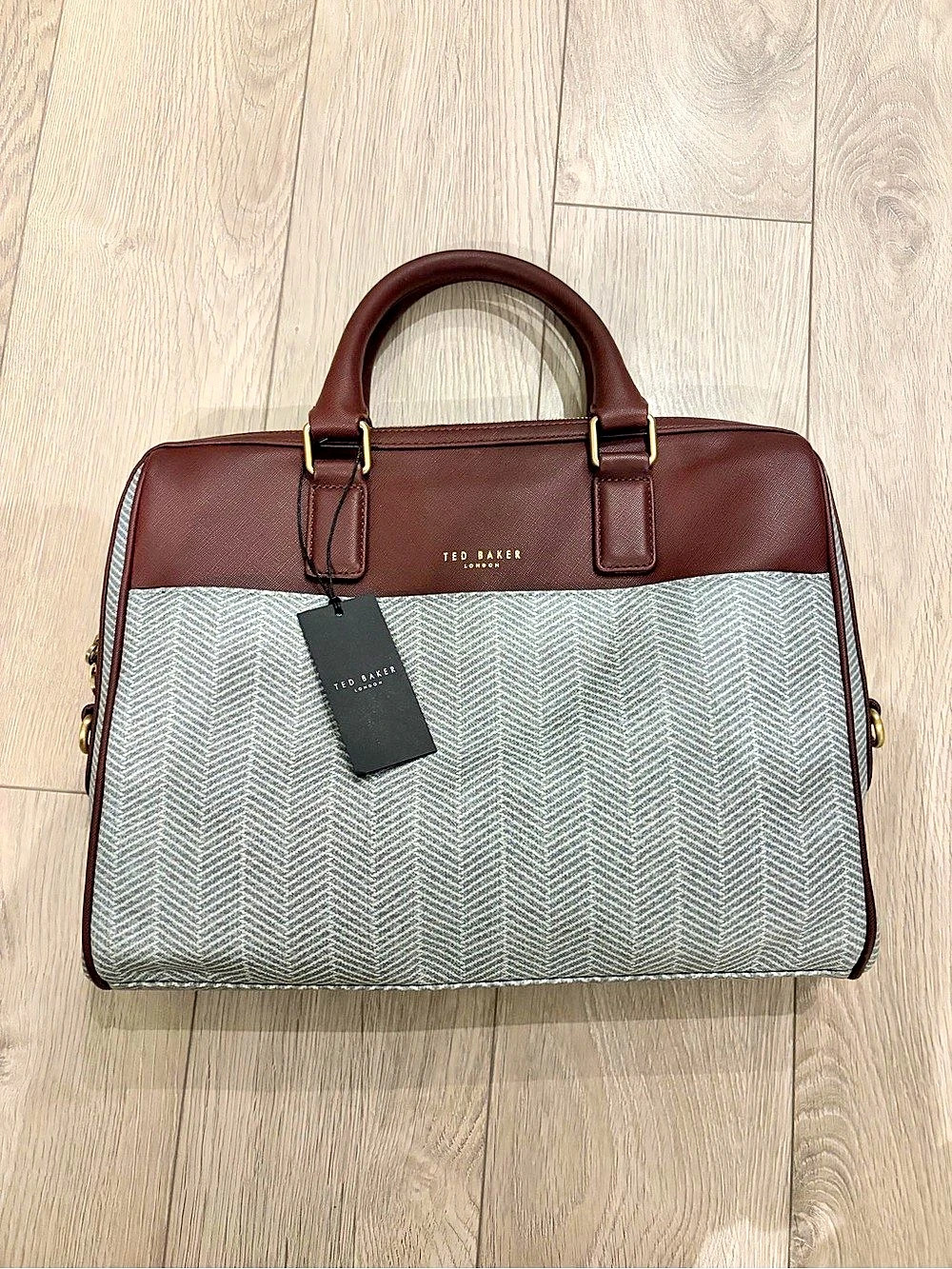 Ted Baker Louis Herringbone Print Document Bag Brown & Gray NWT